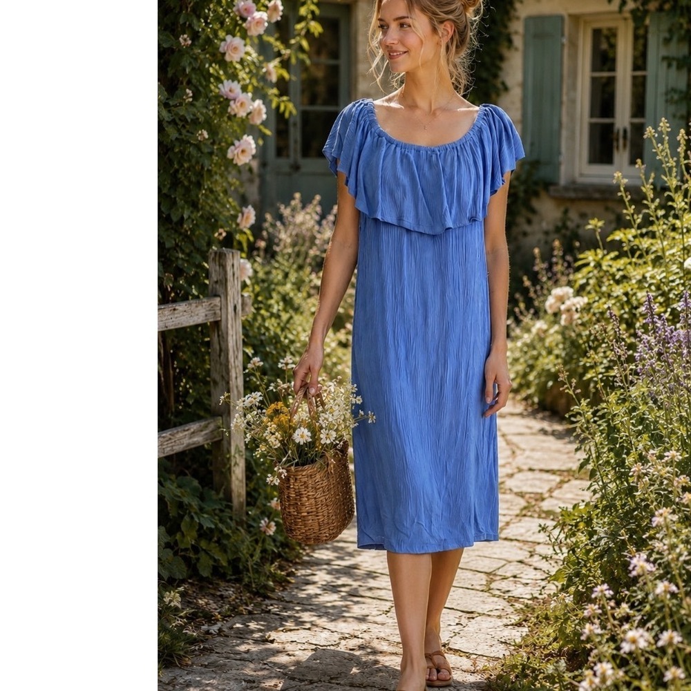 NWT 52seven Dress Blue OFF SHOULDER RUFFLE COLLAR babydoll Cottagecore